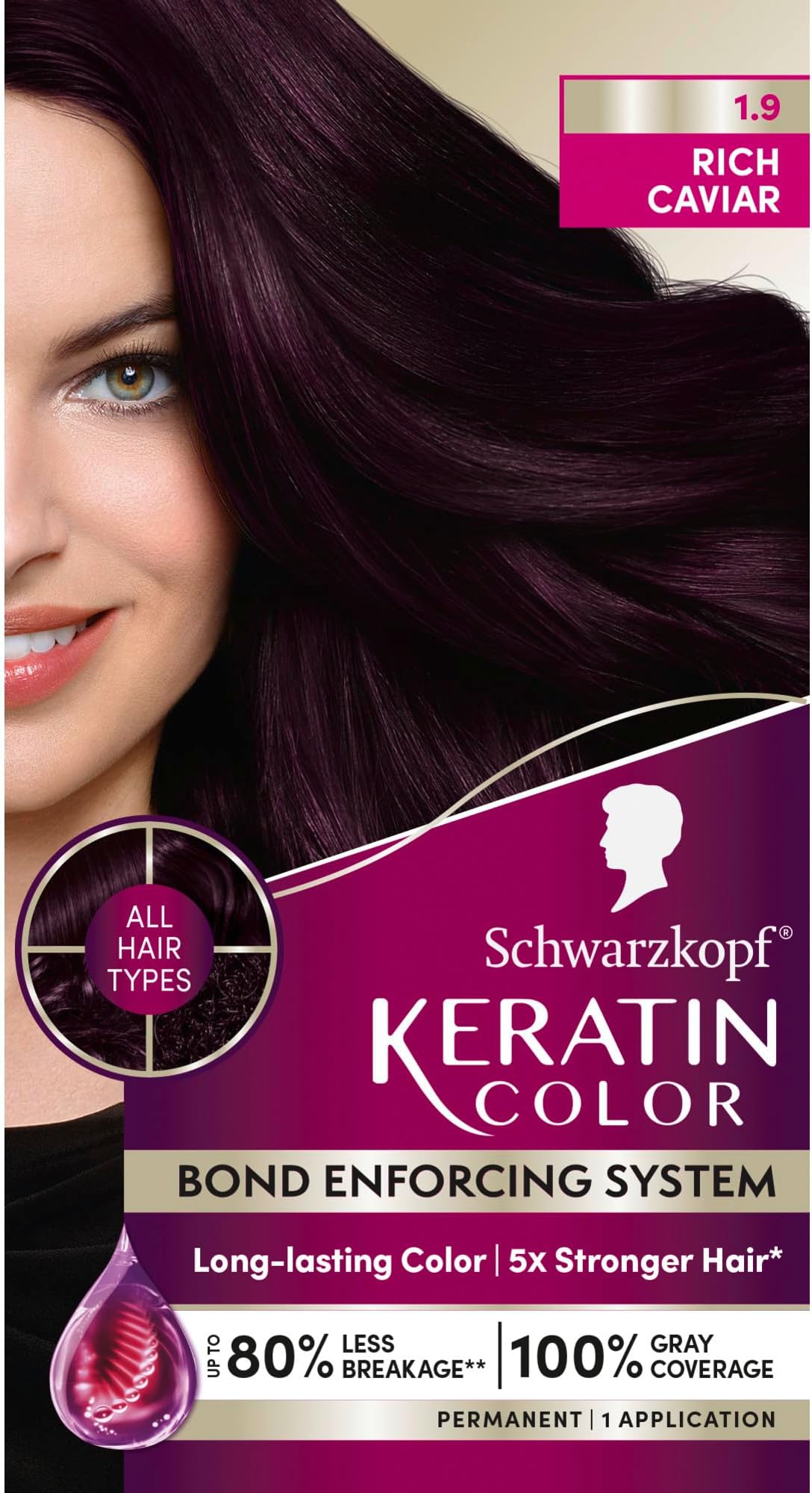 Schwarzkopf Keratin Permanent Hair Dye Cream, 1.9 Rich Caviar, Professional Quality Color for Up to 100% Gray Coverage, Bond Enforcing System