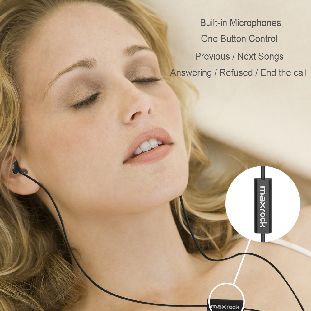 MAXROCK Ecouteurs Intra-auriculaires Stéréo avec Micro Integré, Ecouteurs pour Sommeil, Oreillettes en Silicone Ultra Léger et Confortable,Casque de Réduction du Bruit, Oreillettes de 3.5mm Jack pour Iphone,Huawei,Samsung,Tablette, PC（Noir）