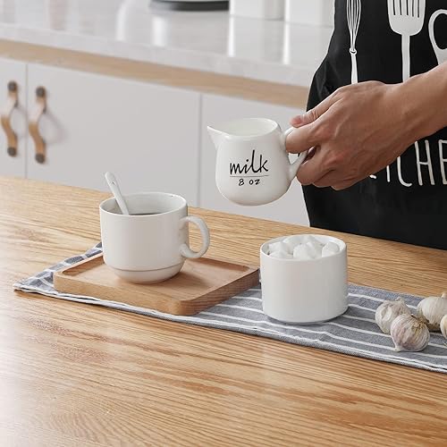 Miniatura 7 de Jarra de crema con asa, recipiente de crema de leche de cerámica para leche, café, salsa, apto para microondas, color blanco (12 onzas, juego1)