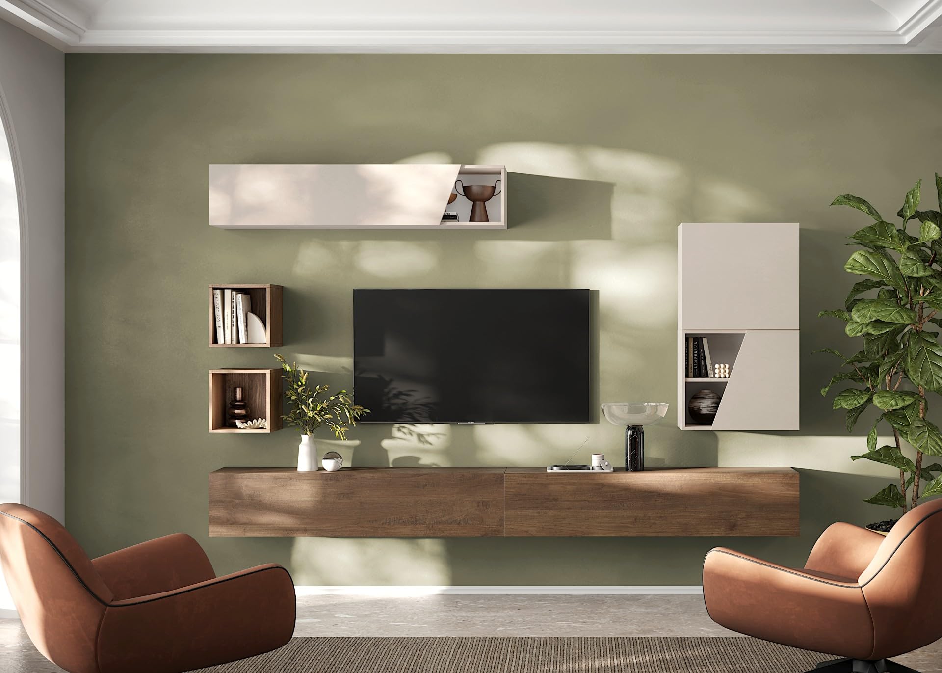 ARREDO DA CASA Parete Attrezzata Soggiorno Design Moderno 276x195 cm Composizione con 1 Pensile Orizzontale 2 Pensili a Cubo e Mobile Porta TV Sospeso Beige e Noce PAL72