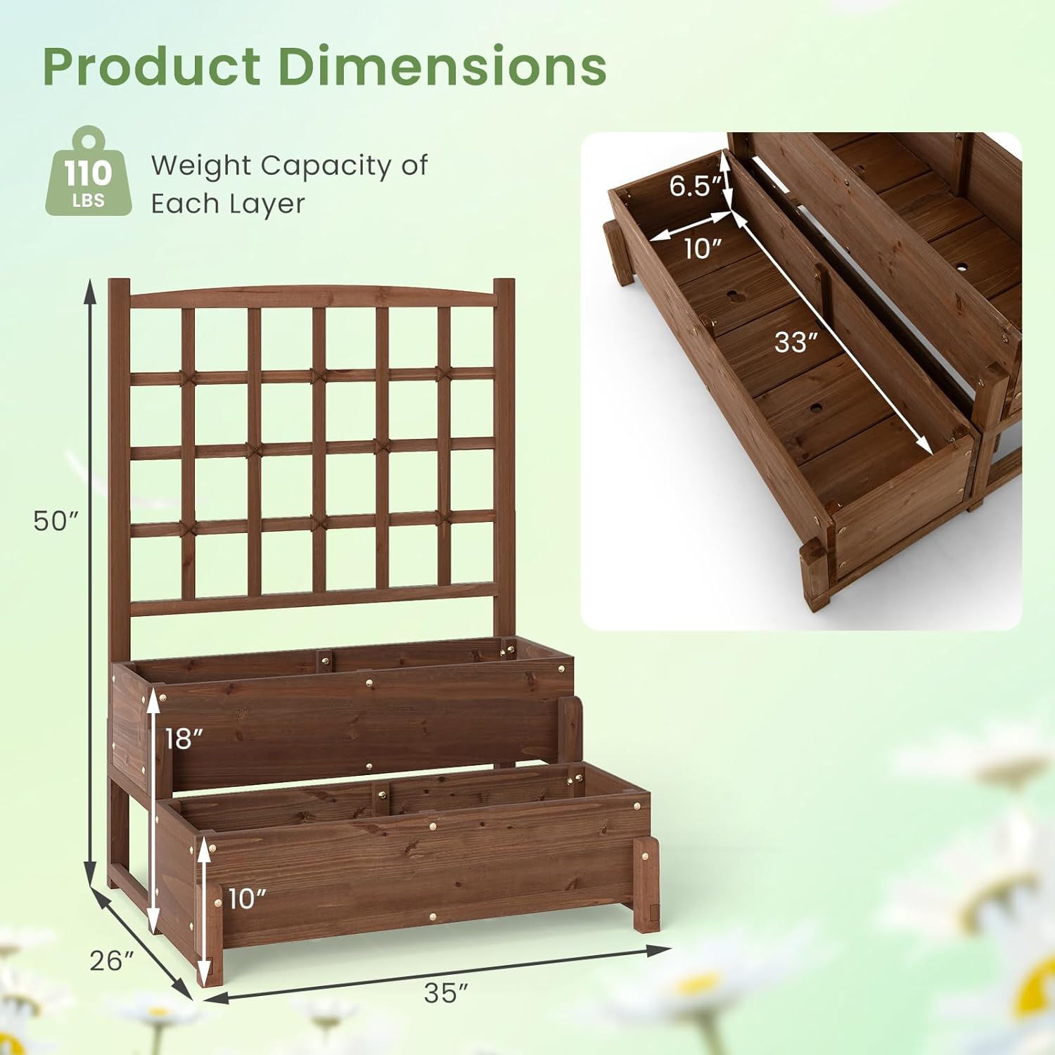 Byroce Outdoor Raised Garden Bed, Garden Planter Box with Lattice Trellis, Legs & Drainage Hole, 2-Tier Standing Elevated Planter for Flower, Fruit, Vegetable & Climbing Plants in Patio, Balcony (1)