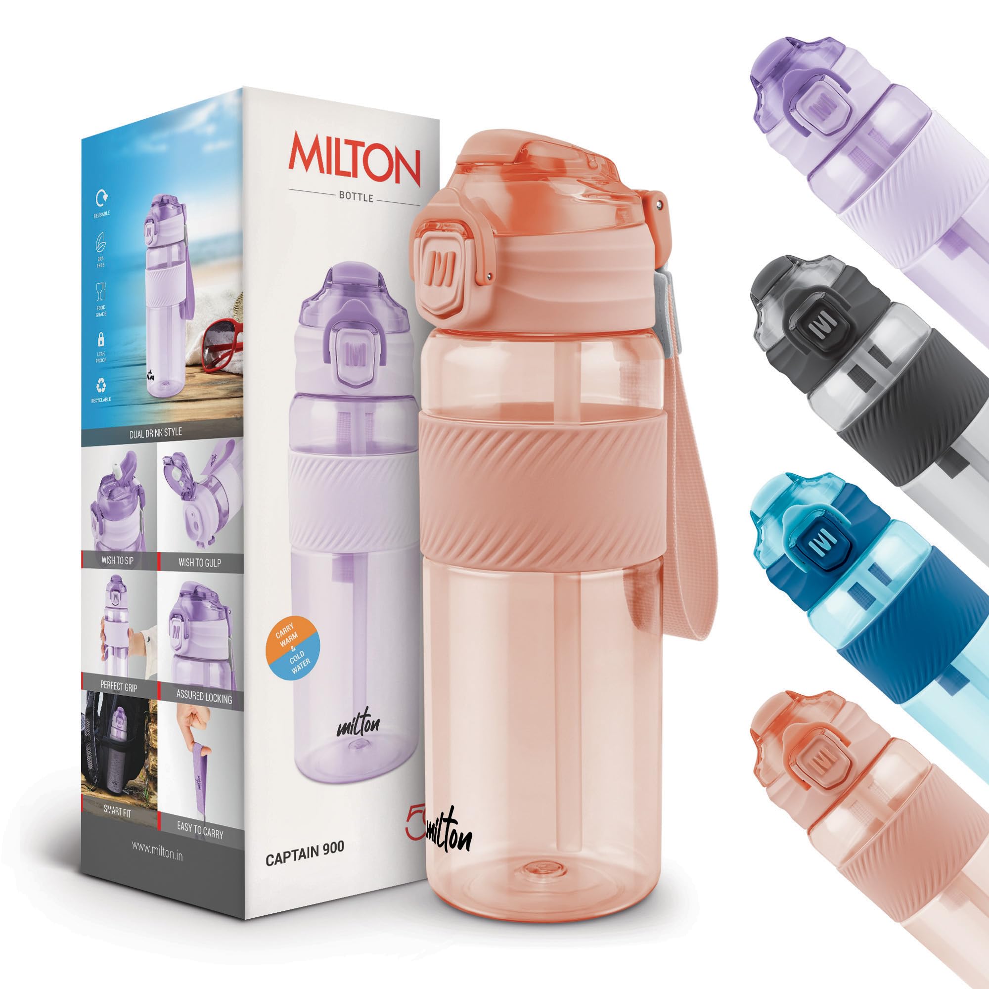 Milton Captain Unbreakable Plastic Water Bottle 850 ml – Sip Plus Gulp, BPA-Free & Leak-Proof, with Hand Strap, Ideal for Gym Workouts, Outdoor Adventures, School & Office – Durable & Convenient,Peach