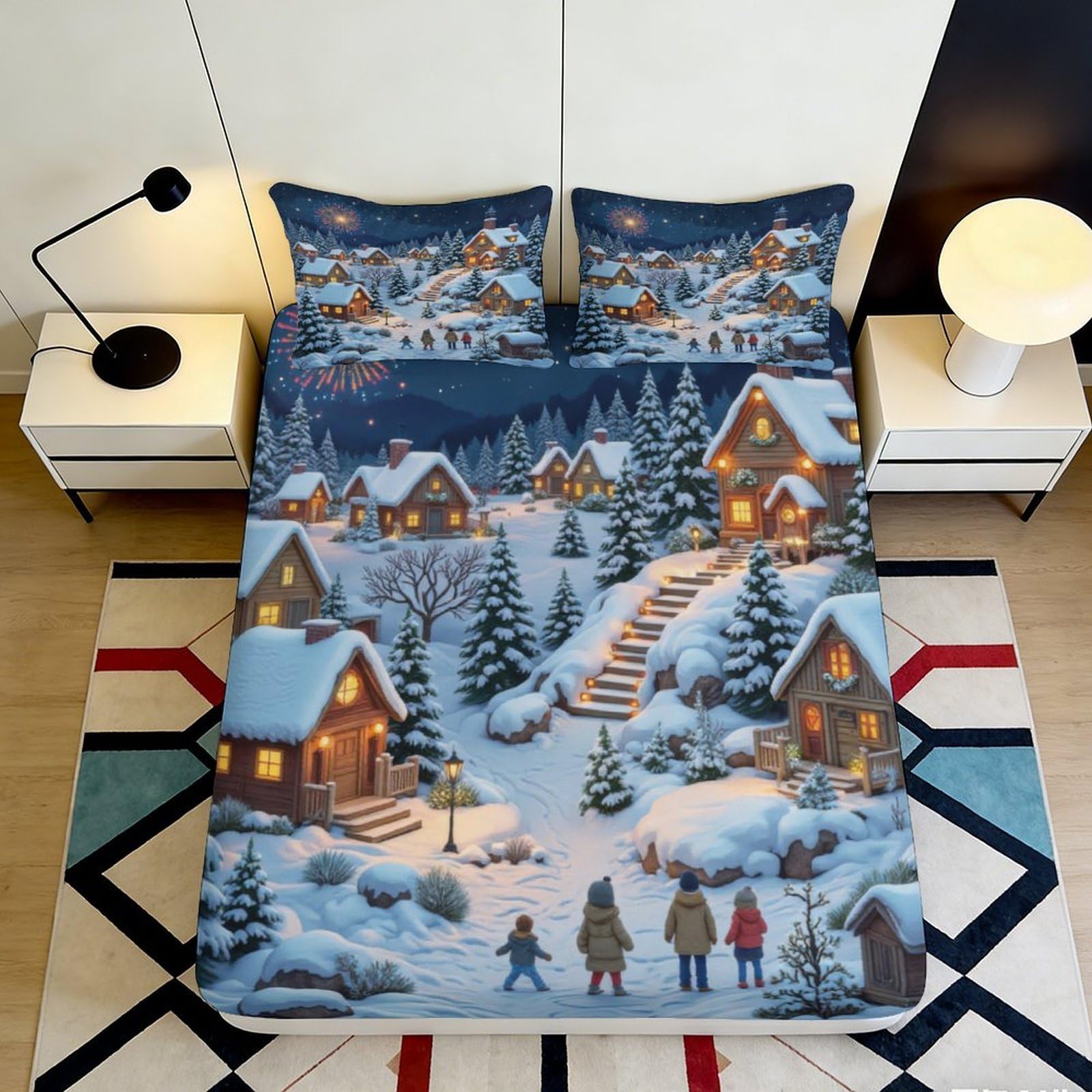 Jqzkxnhpbr Style-1 3D Printed Winter Village Fitted Sheet Microfiber Soft Snow Scene Bed Cover For Bedroom Dorm Mattress Decor 90X200x25cm