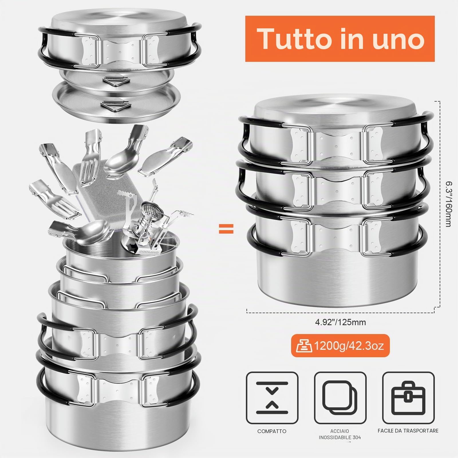 Odoland Pentola da Campeggio in Acciaio Inox, Pentola Pieghevole e Impilabile per Outdoor, Set di Gavetta Scout per Campeggio Escursioni Picnic