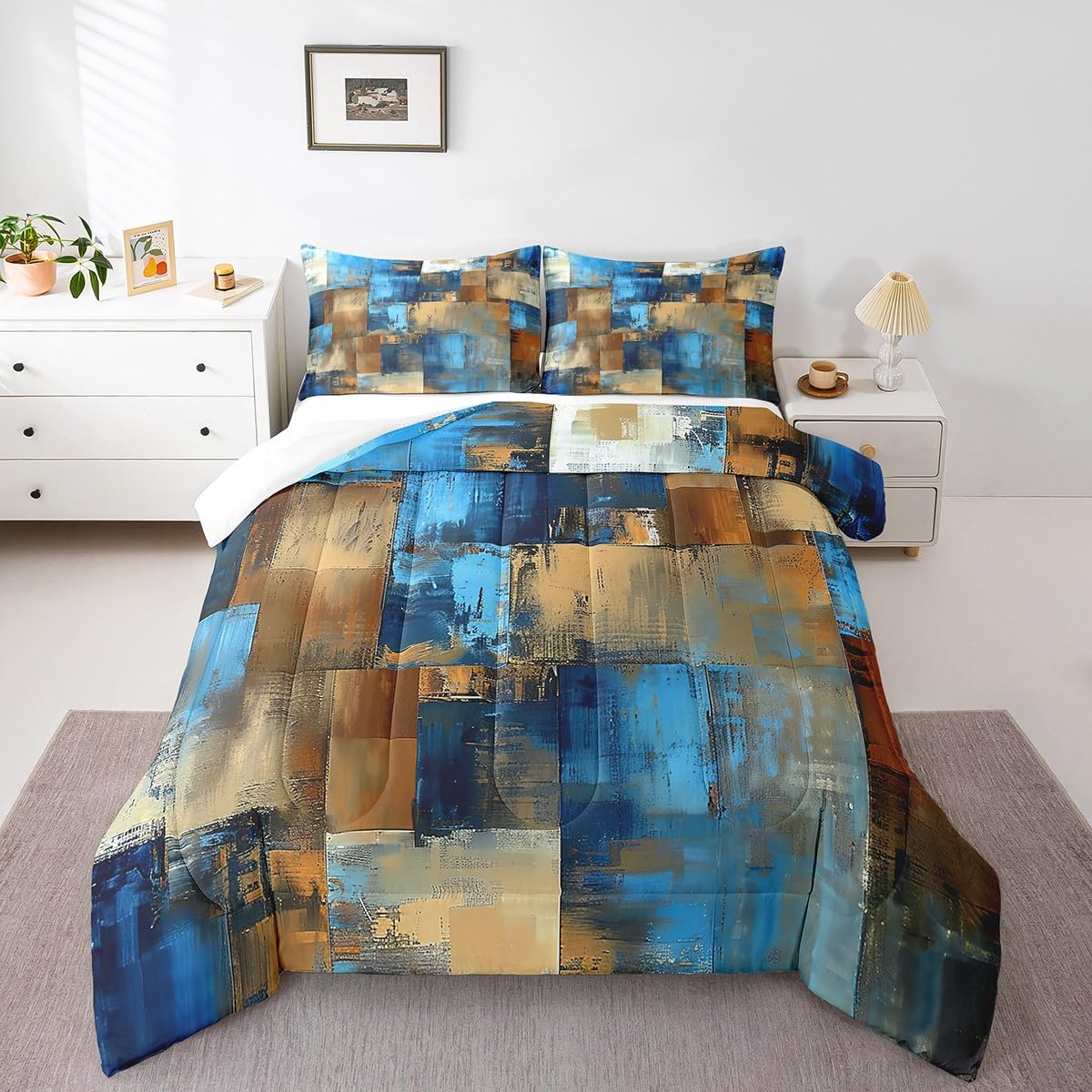 Erosebridal Blue Abstract Bedding Full Black Watercolor Comforter Set for Kids Teen, Orange Gradient Teal Tie Dye Duvet Insert Ombre Grunge Quilt Comforter, Graffiti Modern Quilted Comforter 3 Pieces
