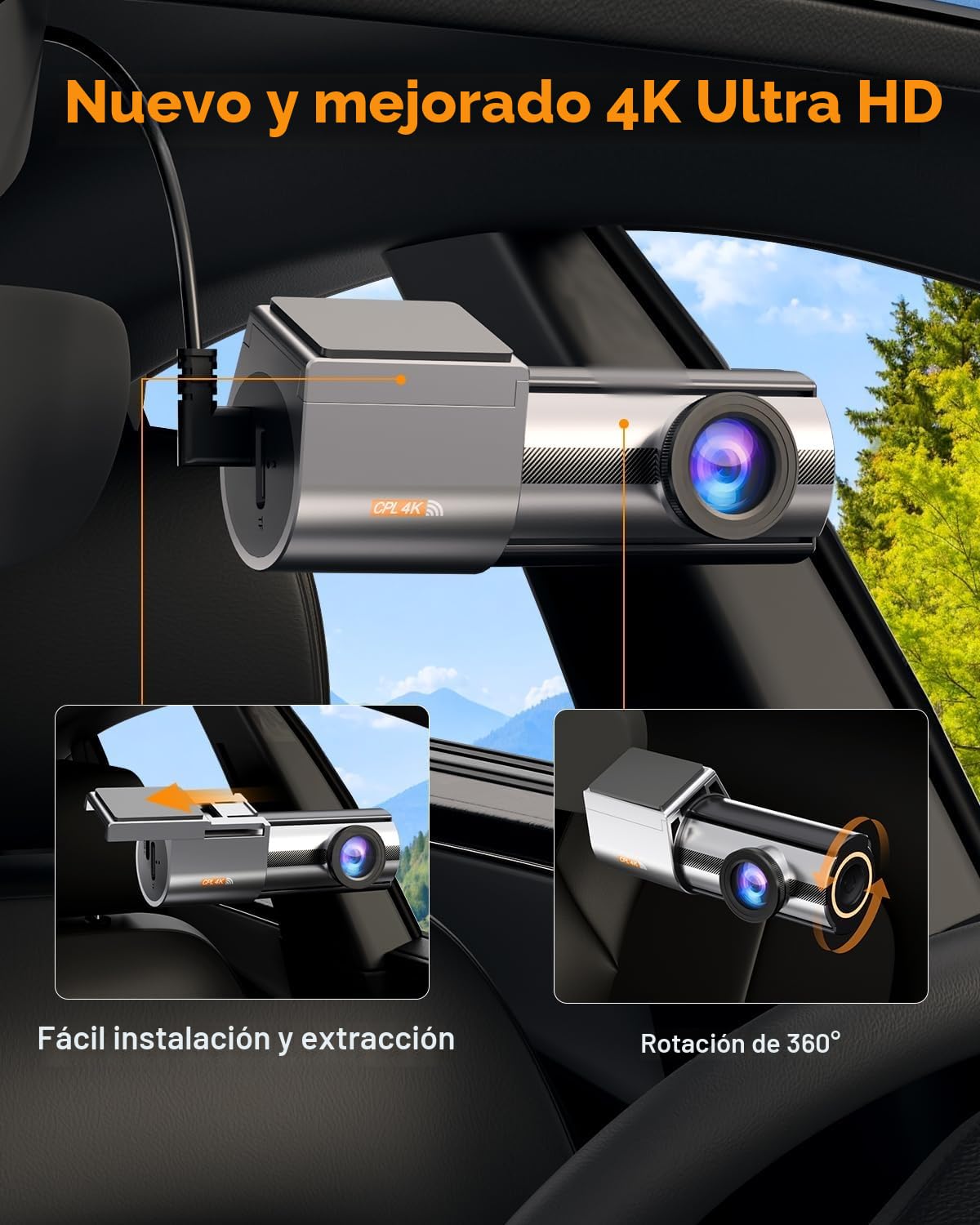 Dashcam 4K, Dash CAM Coche con CPL, WiFi Camara Coche Grabadora con Tarjeta 64G, Super Visión, Gran 170°, Control App, Sensor G, Monitor de Aparcamiento, Grabación de Bucle