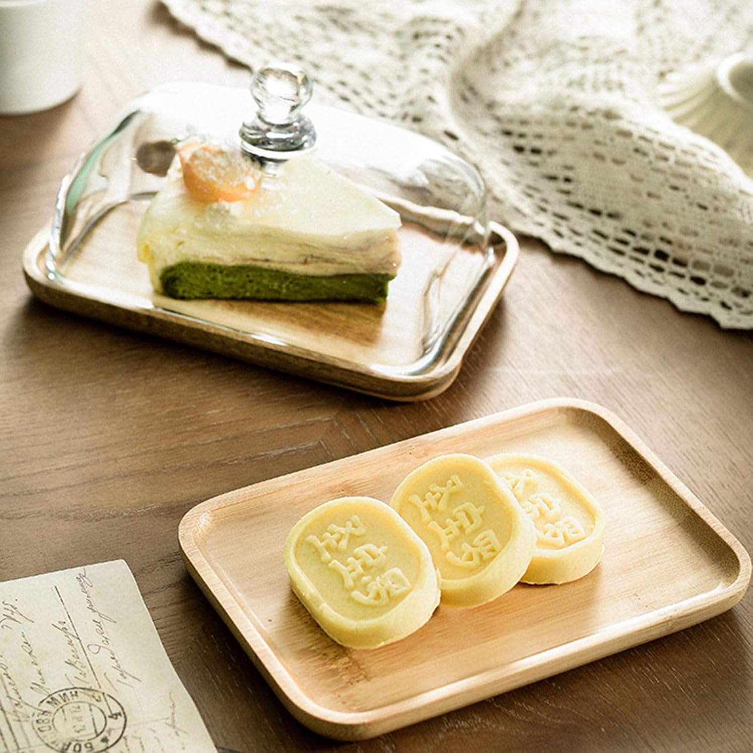 Dxcaicc Acacia Wooden Desserts Serving Tray with Glass Cover,Multipurpose Bread Plates,Butter Dish Cake Container,Fruit Cheese Dessert Appetizer Vegetable,B