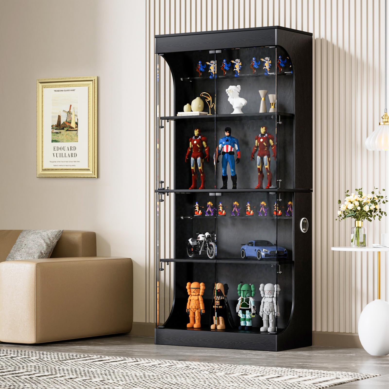Vitrine de pie con LED, vitrina de pie de vidrio con 6 estantes y 4 puertas de vidrio con sensores inteligentes, armario con vitrina, armario de vidrio a prueba de polvo adecuado para sala de estar