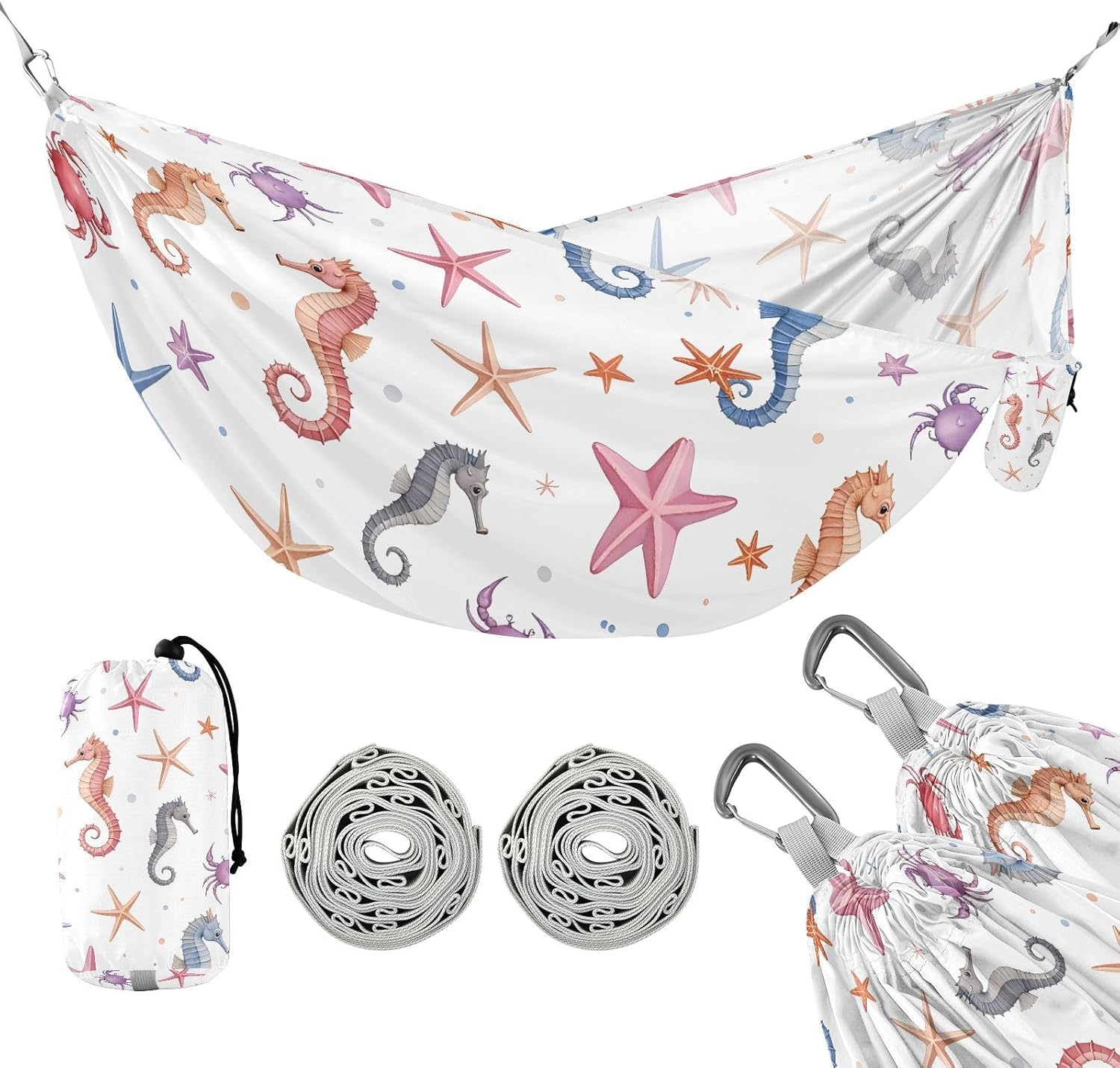 susiyo Portable Camping Hammock Seahorses Starfish Printed Lightweight Hammock Comfortable Travel Swing with Tree Straps for Camping Hiking Backpacking Travel or Beach - Up to 330lbs