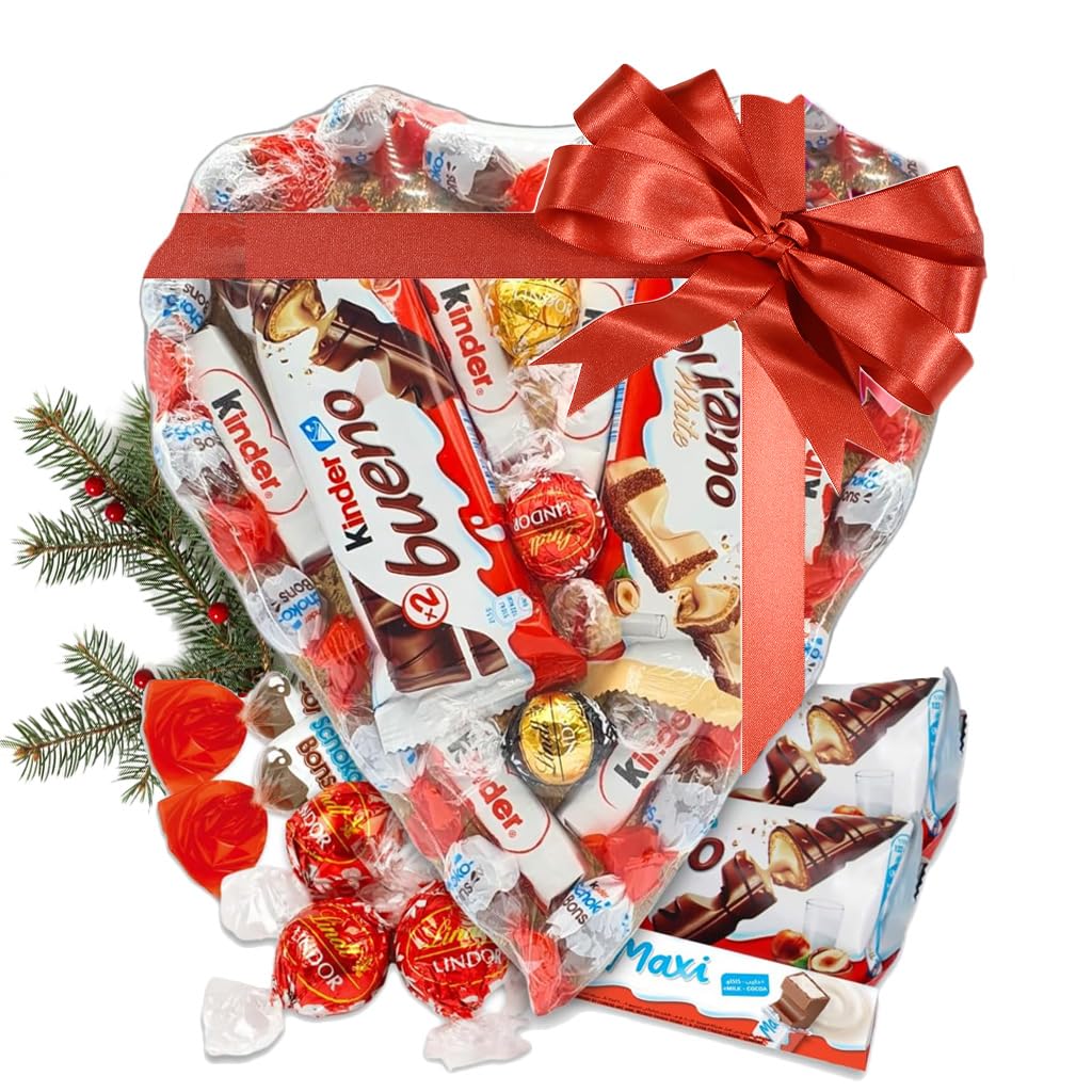 Corazon de Chocolate con Kinder Bueno, Kinder Shochobons, Kinder Chocolate y Bombones Lindt. Regalo Ideal para Parejas. [IAMI]