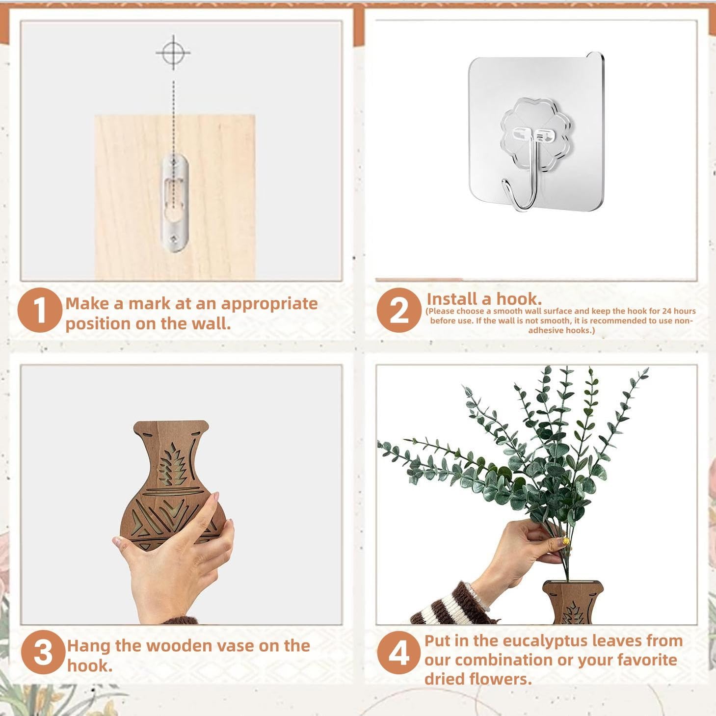 2Set Wooden Vases with Eucalyptus Boho Wall Decor Lifelike Artificial Eucalyptus Stems for Home Entryway Living Room Dining Room Shop Rustic Art Decoration