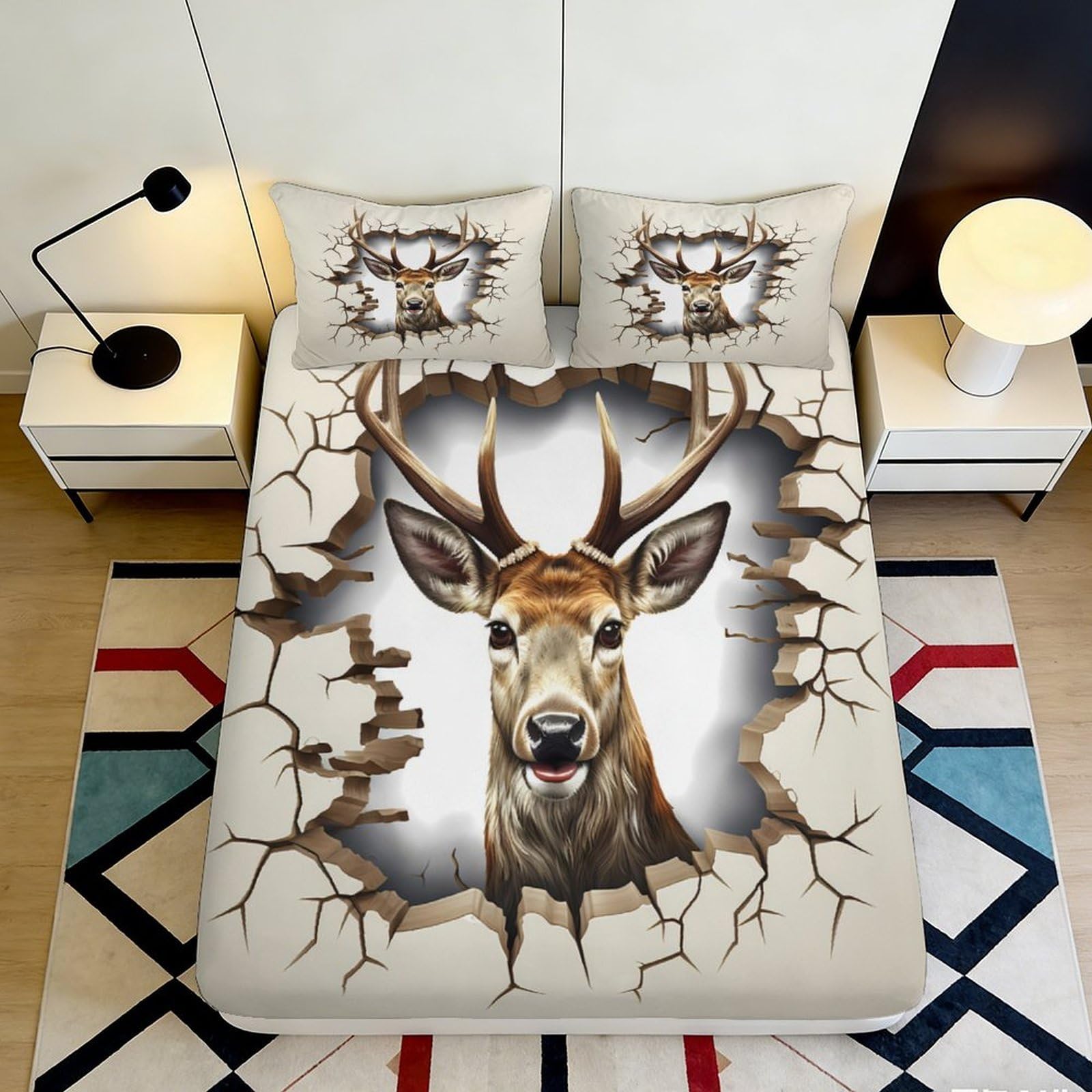 3D Printed Deer Antler Fitted Sheet Microfiber Soft Animal Cracked Wall Bed Cover for Bedroom Guest Room Decor 90x200x25cm