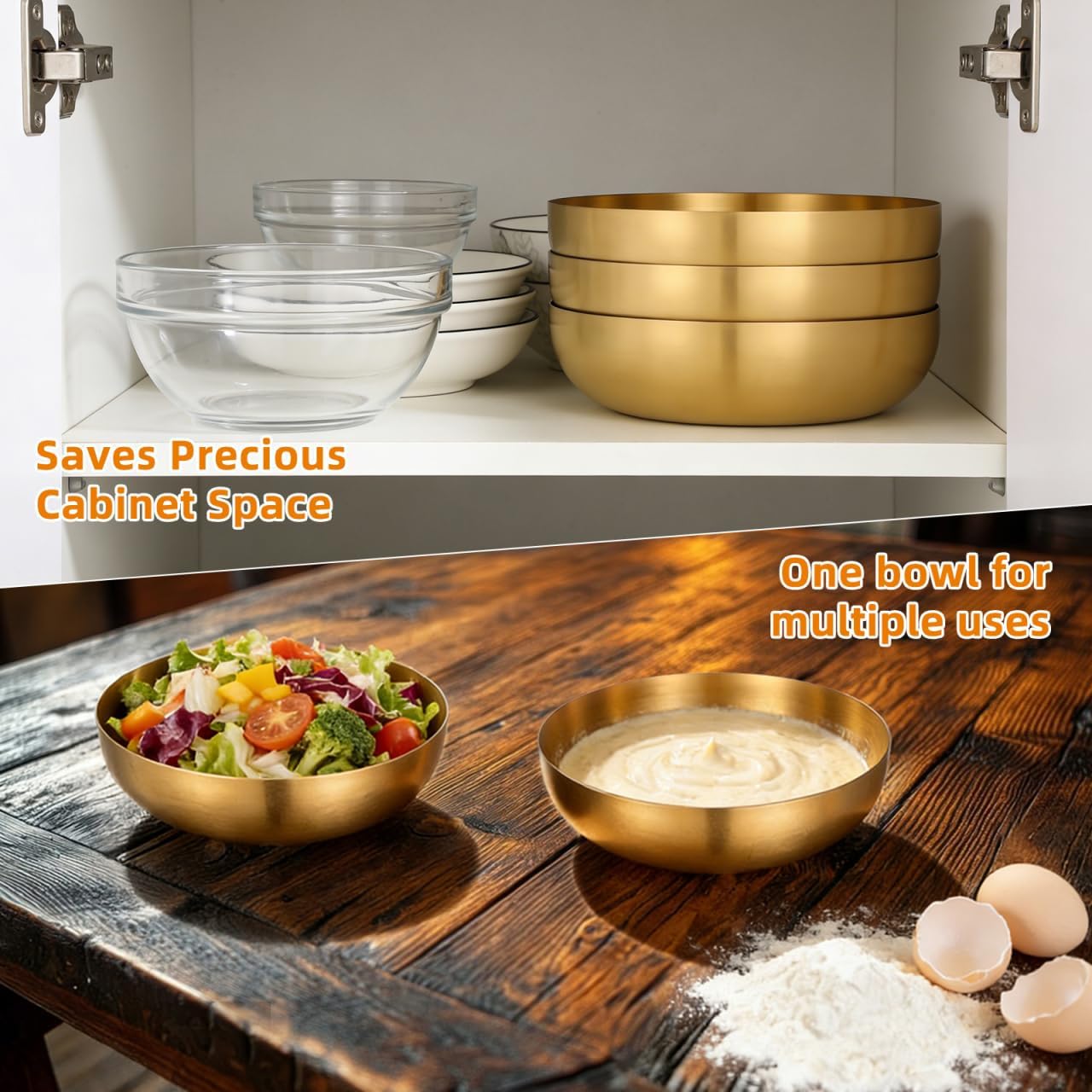 CALLARON 9.4" Stainless Steel Mixing Bowls - 75oz Gold Serving Bowl, Large Metal Decorative Bowl for Salad, Soup, Pasta, Snack, Cooking, Baking, Dishwasher Safe