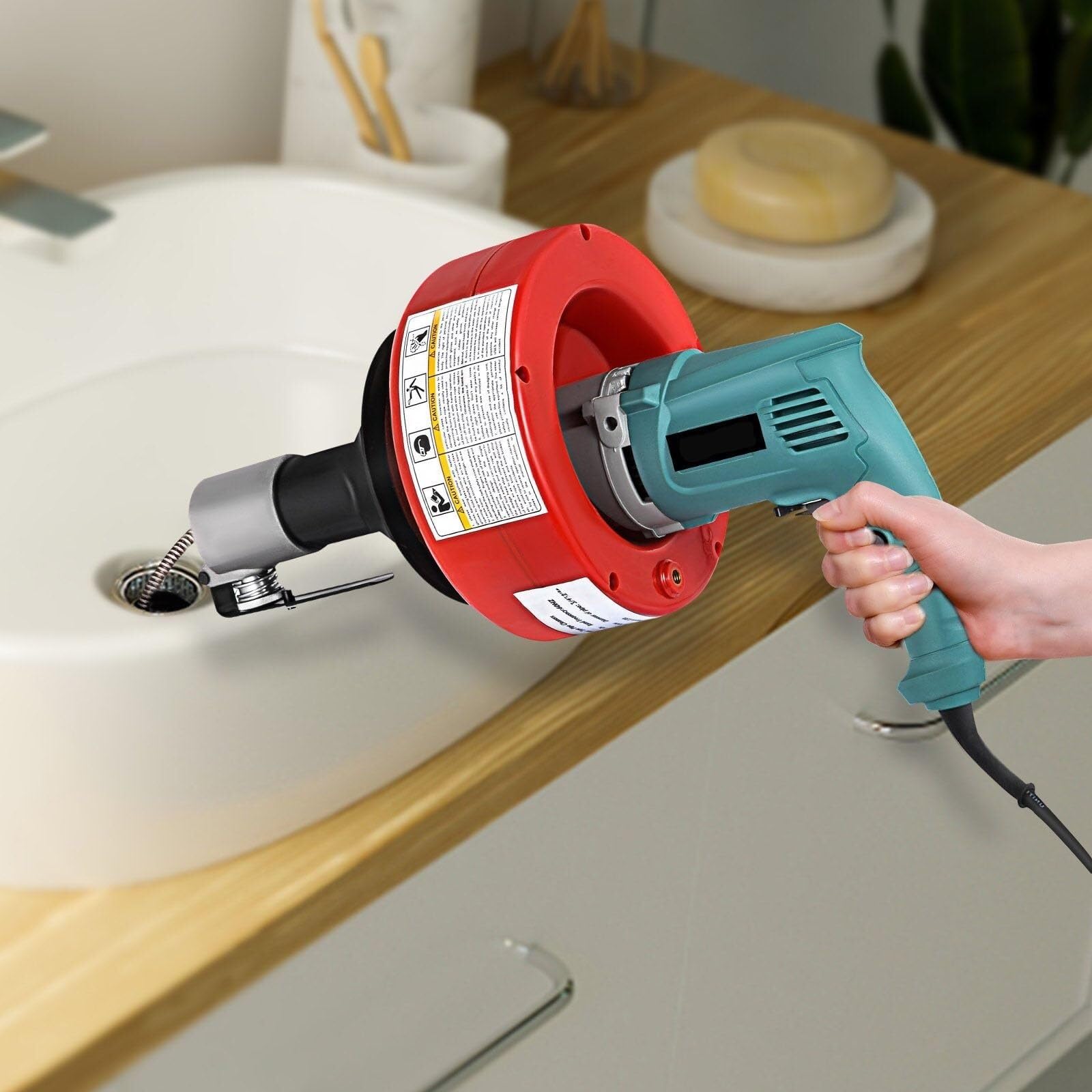 Déboucheur électrique Portable pour canalisations, câble de 7,9 m x 6,35 mm, débouche Les canalisations des éviers, baignoires, Toilettes et Cuisines, 700 W, Rouge