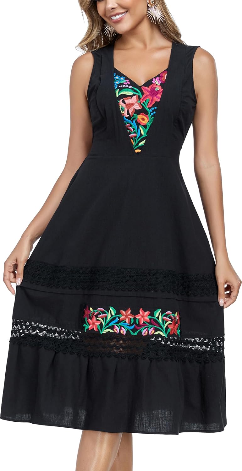 YZXDORWJ Women's Mexican Dress Floral Embroidered Casual Lace Ruffle Maxi Dress