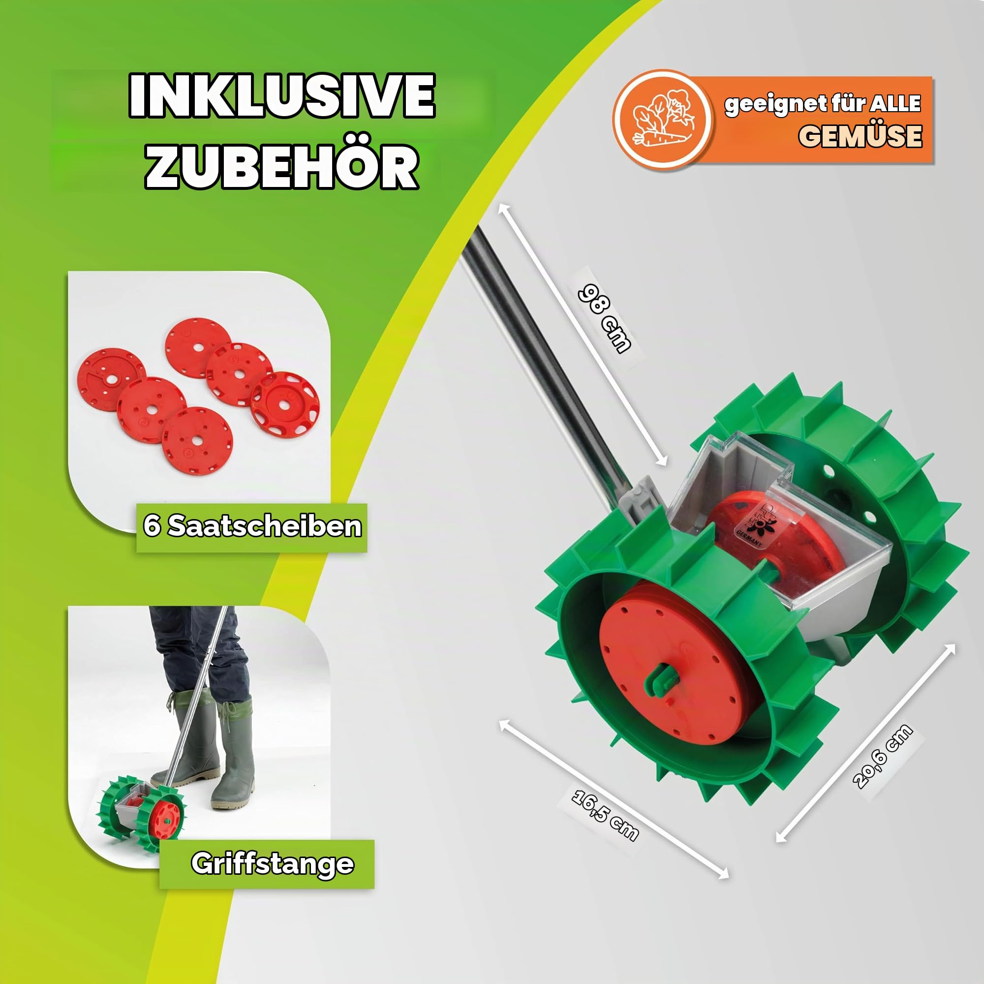 BioGreen Handsämaschine SUPER Seeder | für alle Gemüsesorten | inkl. 6 Saatgutscheiben | vers. Saatabstände | Sämaschine - Furchen, Säen und Abdecken