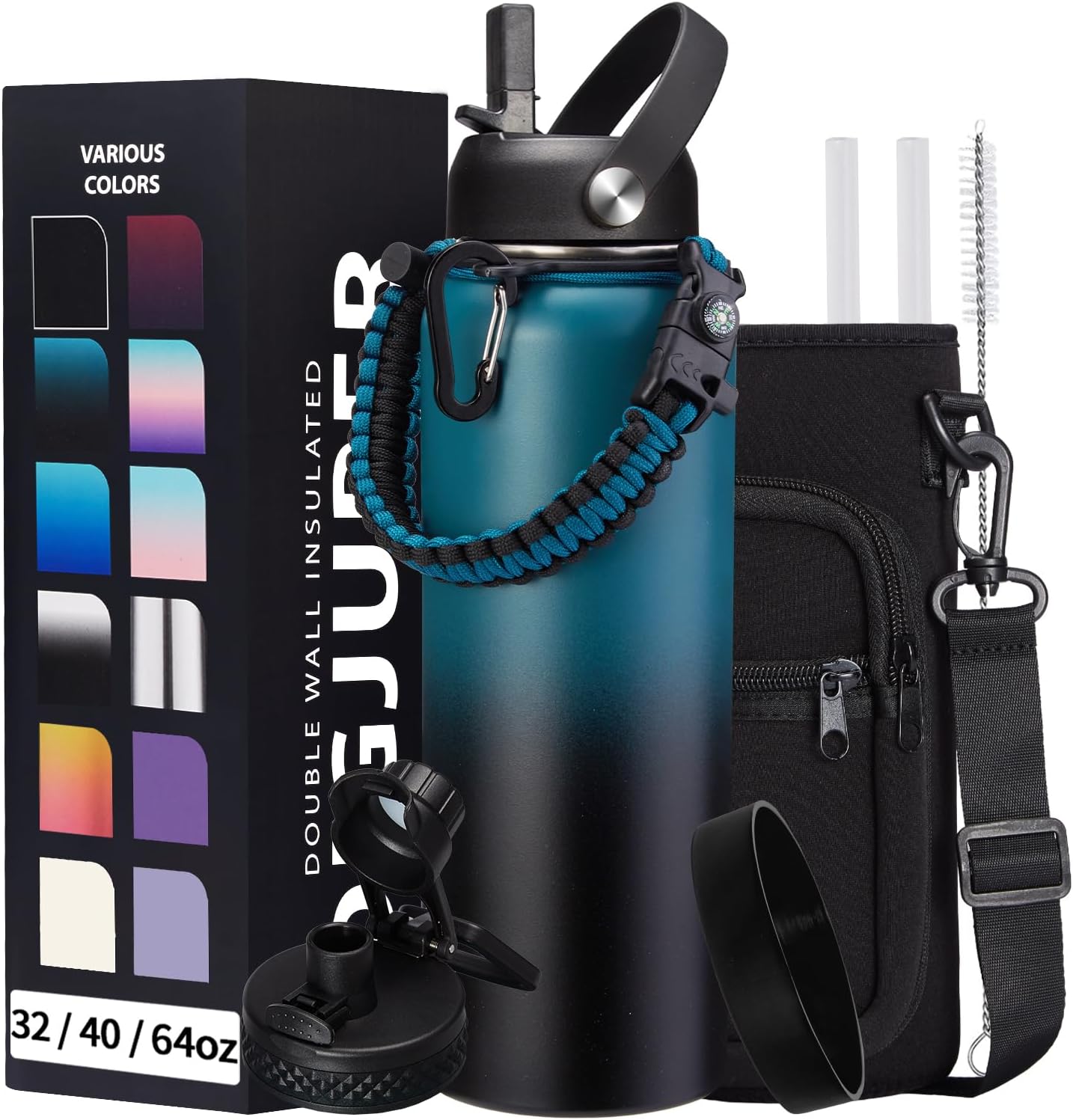 32 oz Water Bottles with Handle that Fit Cup Holders and 40oz Water Flask, Stainless Steel Water Bottle with Straw, Paracord Handle & Sleeve Strap