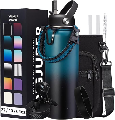 Botella de agua aislada al vacío de 40 onzas  con tapa de popote y boquilla, mango de paracaídas, bolsa de transporte de hombro, acero inoxidable