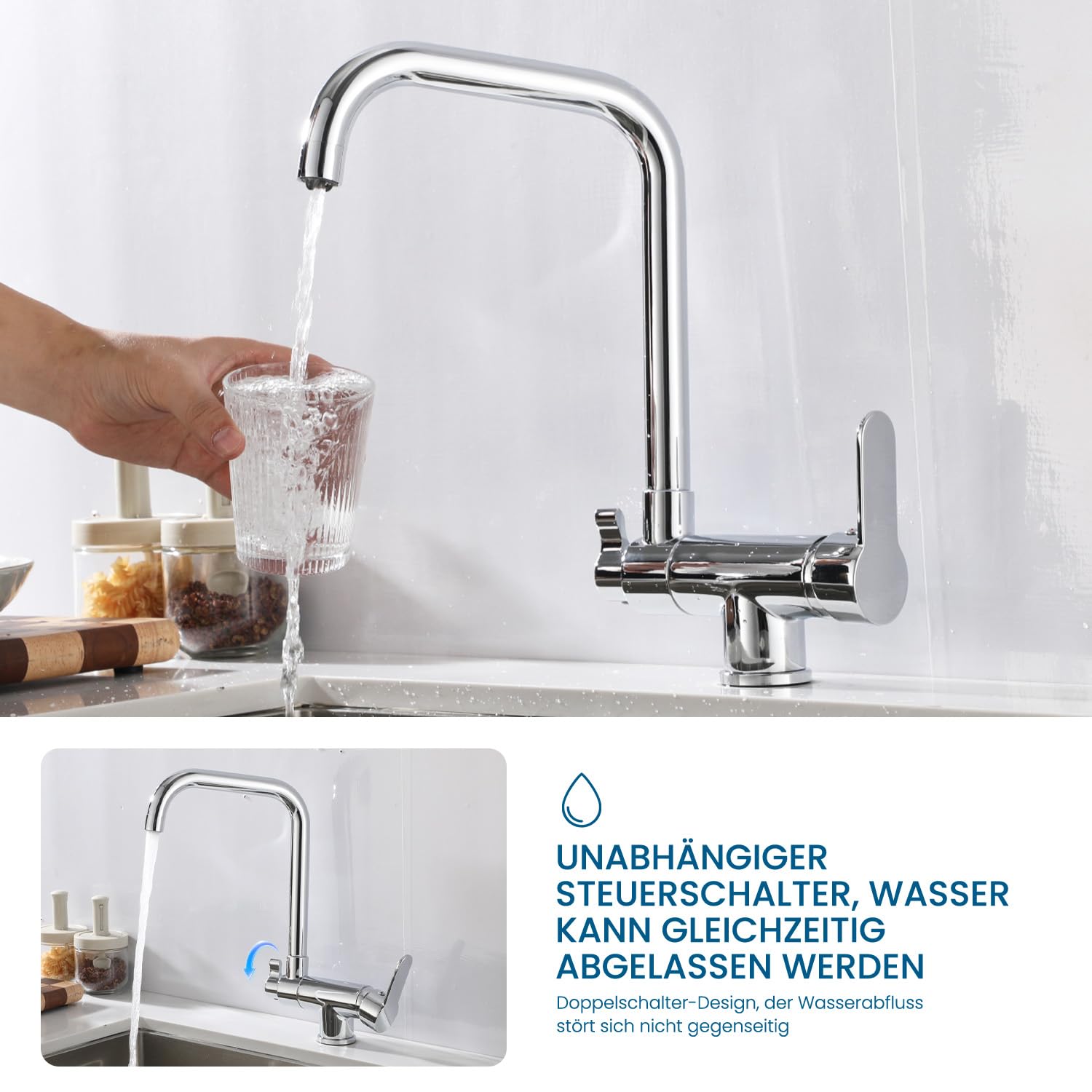3 Wege Wasserhahn Küche,Vorfenster Küchenarmatur Klappbar mit Kaltstart,3 in 1 Mischbatterie für Wasserfilter,360°Drehbar Armatur Küche Spülarmaturen mit 2 Hebel (Chrom)
