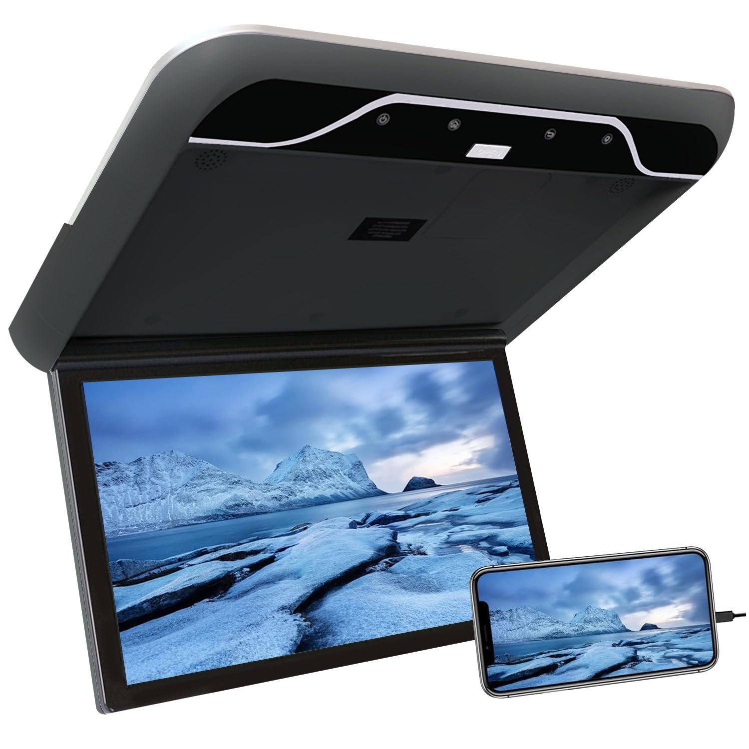 Lecteur Aérien De Voiture 19", Moniteur Monté sur Le Toit De La Voiture, écran 1080p, avec Lumière D'ambiance 16 Couleurs, Moniteur De Voiture Rabattable, HDMI USB IR,Black