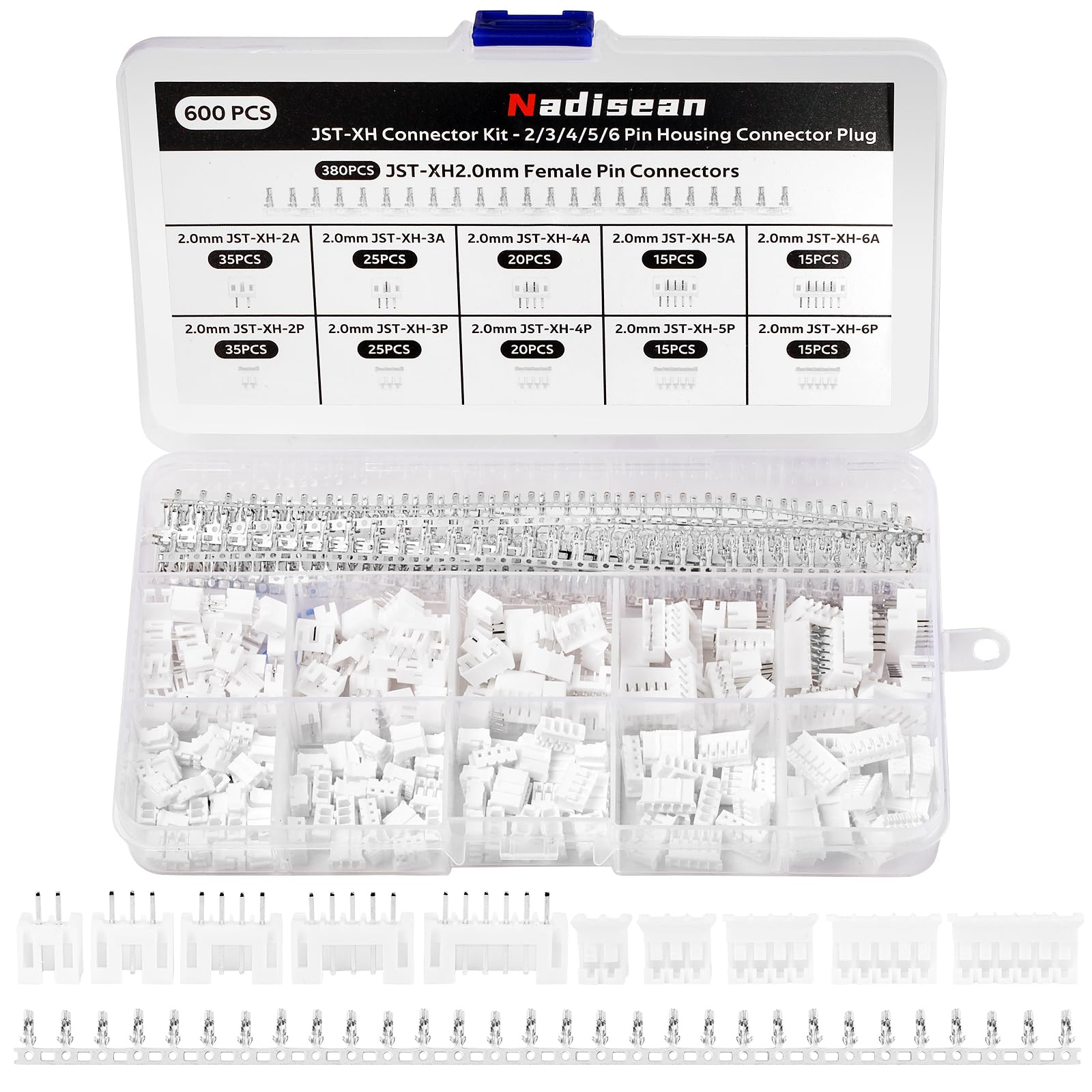Nadisean 600 PCS JST Connector Kit 2.00mm Pitch, JST-PH 2/3/4/5/6 Pin Housing Female and Male Connector Plug