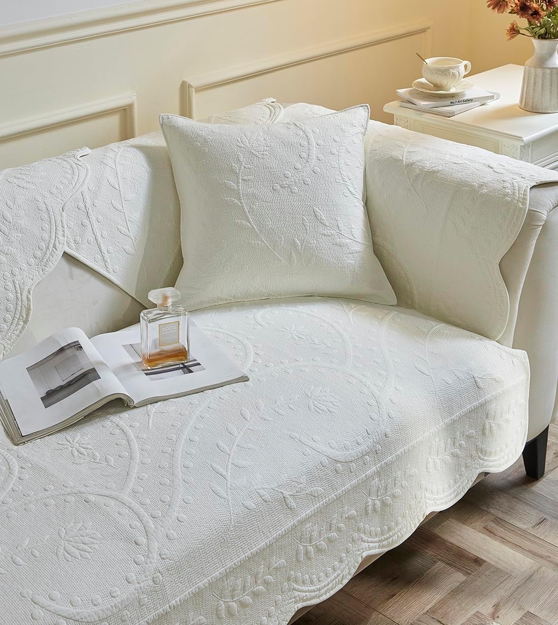 Product image of vctops Cotton Quilted Couch Cover Floral Leaves Embroidery Sofa Cover Non Slip Sofa Slipcover for Dogs Cats Kids Loveseat Recliner L Shaped Armrest Backrest (White,28"x28")