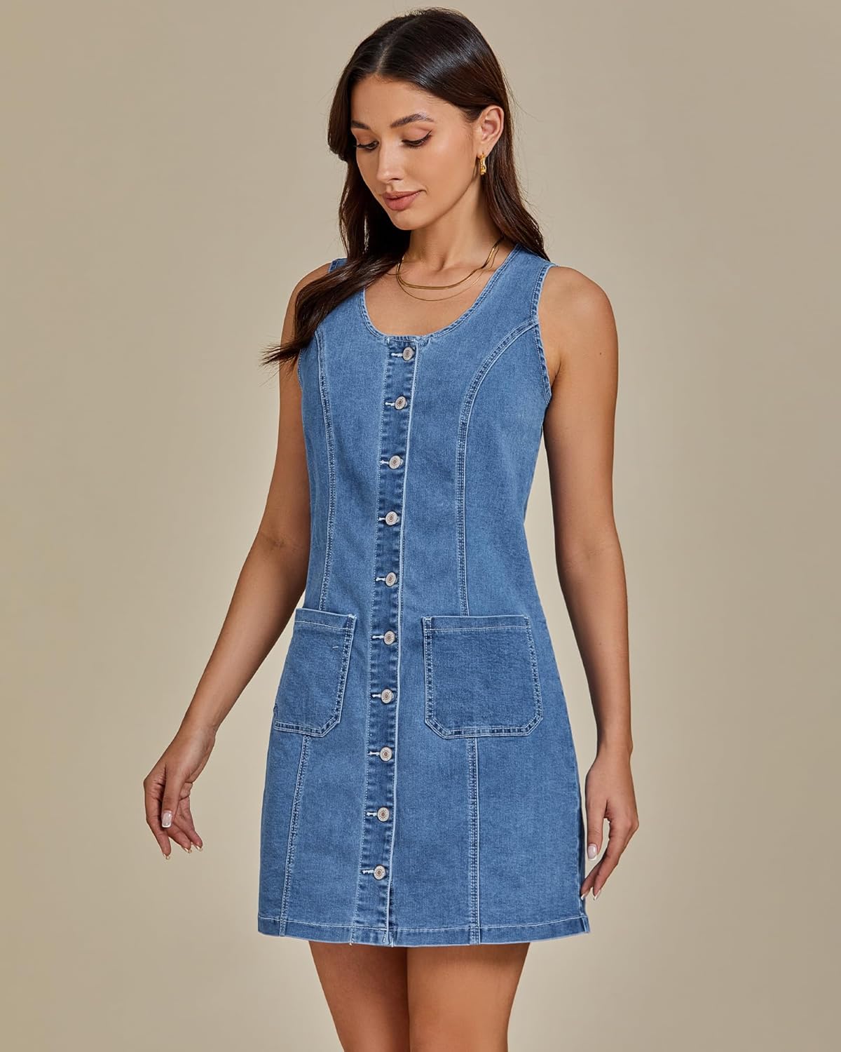 luvamia Denim Dresses for Women Sleeveless Stretchy Jean Summer Casual Western Short Button Down Dress with Patch Pocket - Image 4