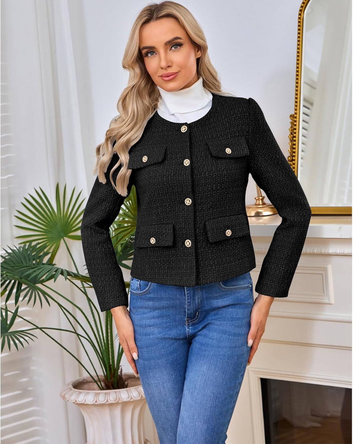 Women's Tweed Blazers Jackets Casual Long Sleeve Button Down Business Short Casual Cropped Coats - Image 4
