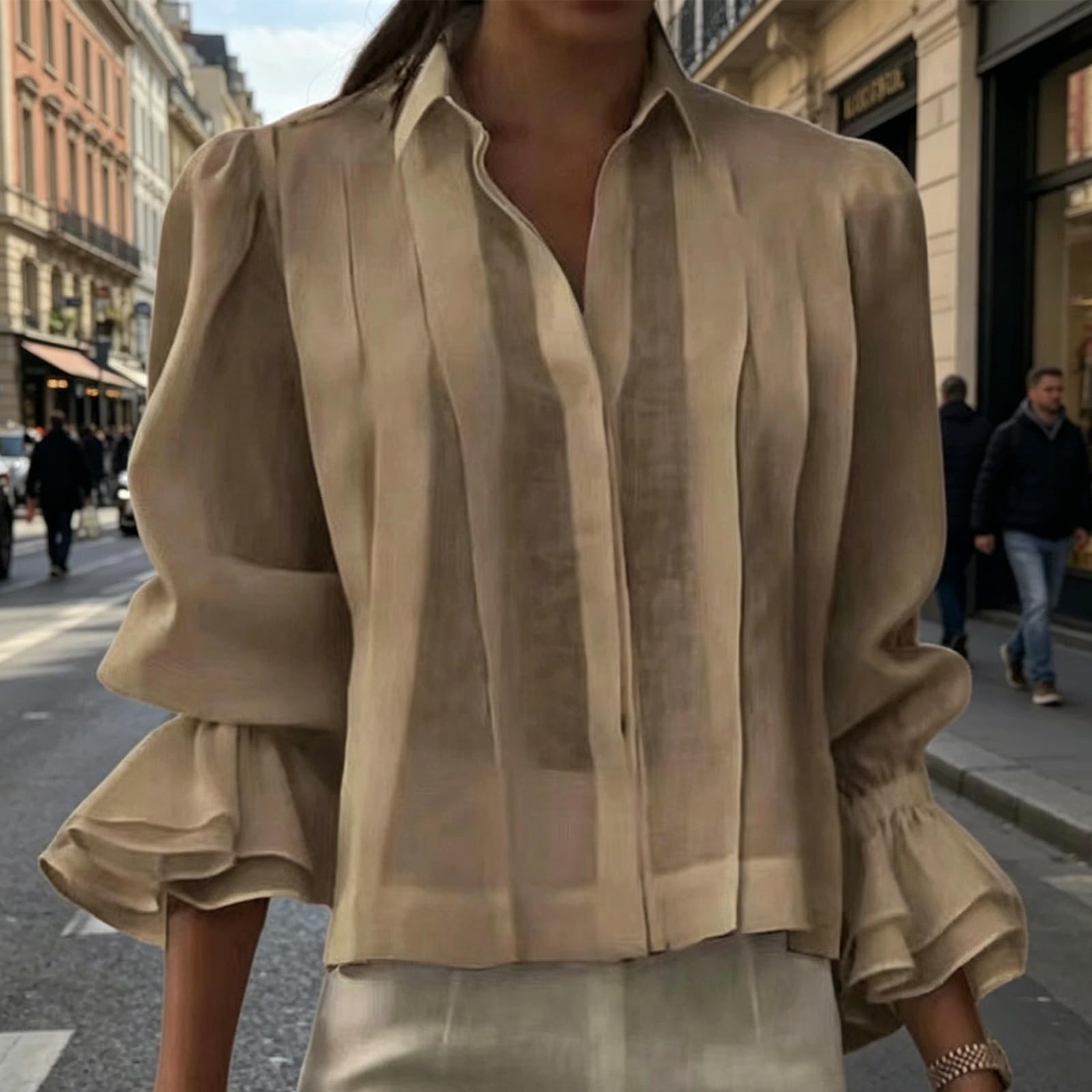 Camicia da donna con bottoni e risvolto, camicetta trasparente con pannello plissettato, sensazione in morbido misto cotone e camicia da lavoro