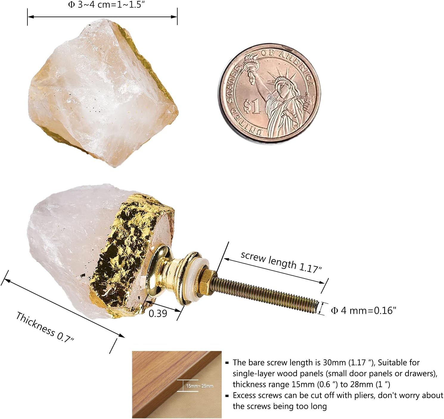 AMOYSTONE Natural Stone Drawer Knobs 4 Pack Kitchen Cabinet Knobs White Crystal with Gold Foil, Drawer Pulls Door Handles Knobs Irregular 1~1.5" (30-40mm) DIY Cabinet Decoration