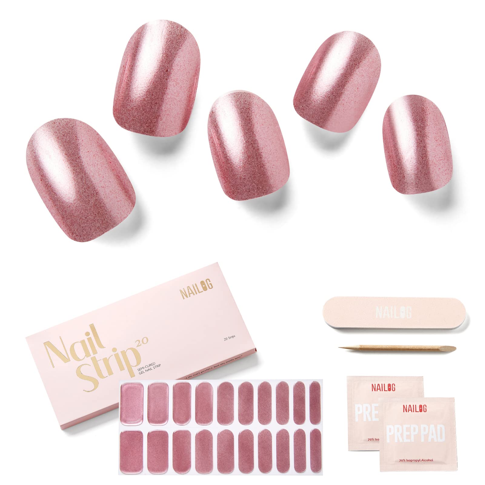 NAILOG Semi Cured Gel Nail Strips Glossy & Long Lasting Soft Gel Finish (20 Extra Long Stickers), Cover Girl, 23 Piece Set