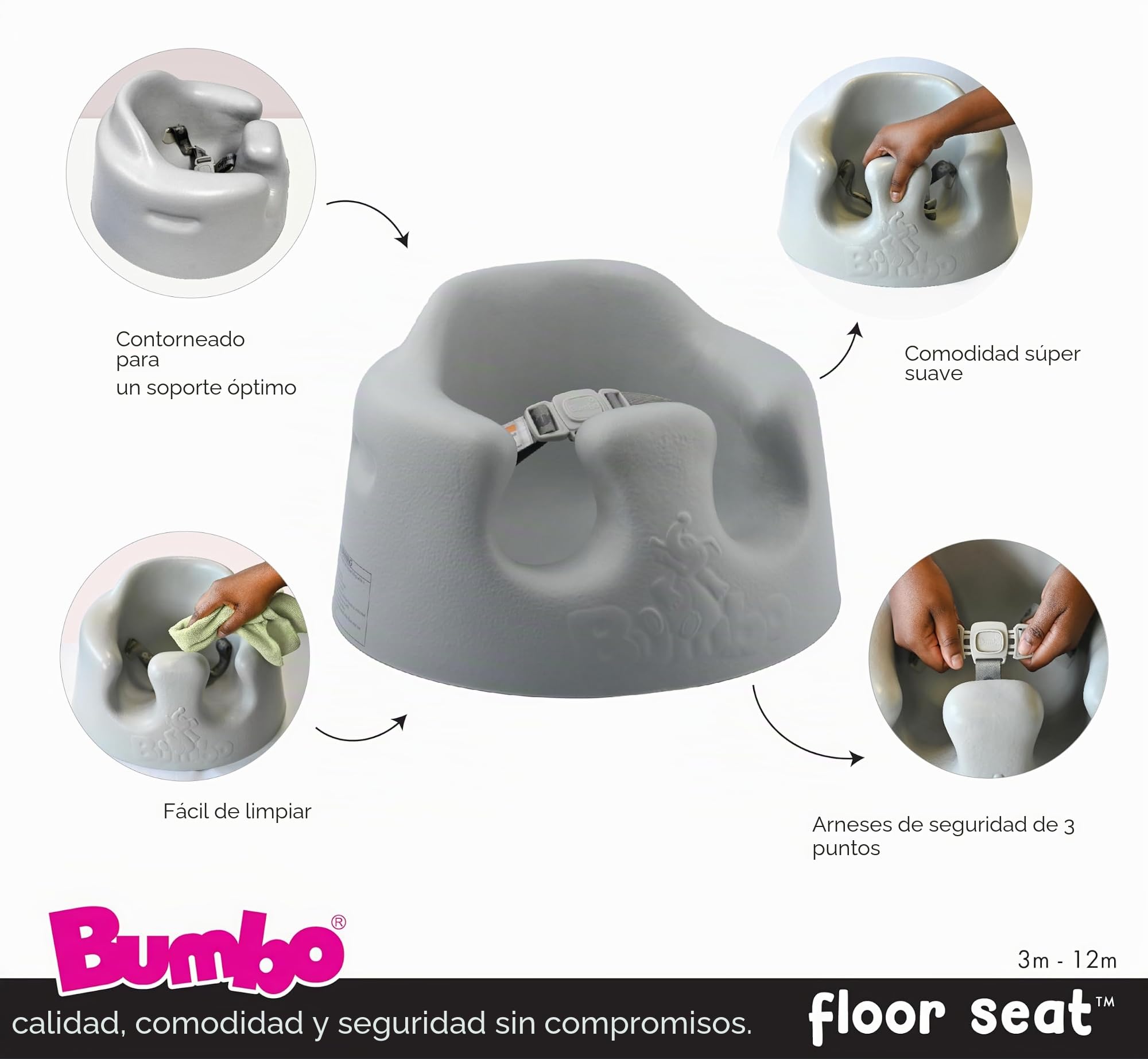 Bumbo Asiento de Suelo para Bebé - Diseño Ergonómico, Fácil de Limpiar, con Arnés de Seguridad - Cómodo y Seguro - Asiento de Apoyo para Bebés de 3 a 12 Meses - Color Amarillo