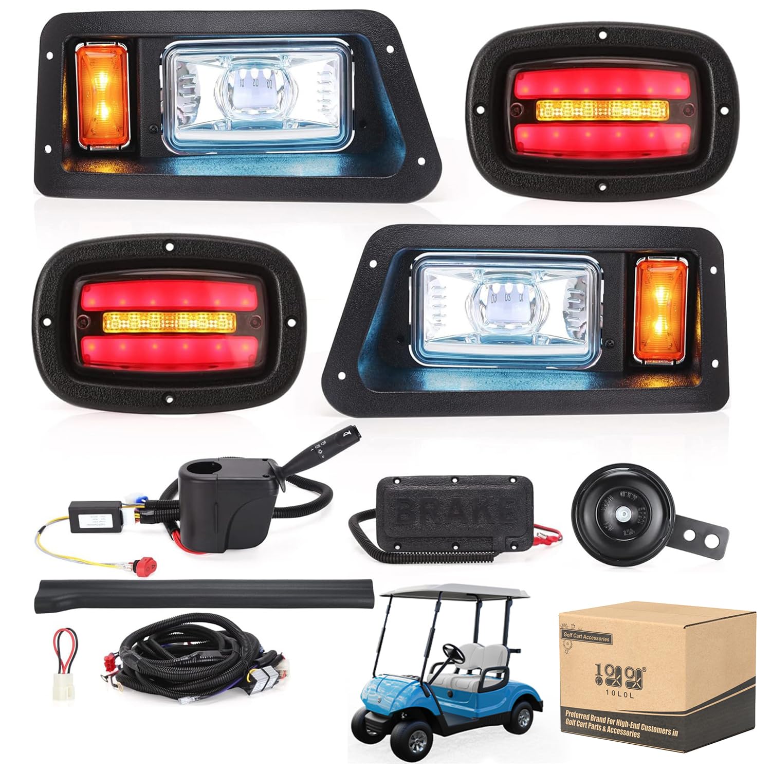 10L0L Golf Cart Headlight Kit for Yamaha G14/G16/G19/G22, 12V-48V with Built-in Voltage Converter, Low/High Beam with Brake, Hazard, Horn & Turn