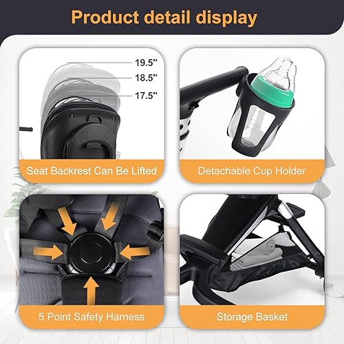 Miniatura 4 de HAHA KID Lightweight Stroller, Foldable Compact Travel Toddler Stroller for Airplane with Tray and 360Rotating Seat, Infant Baby Stroller with