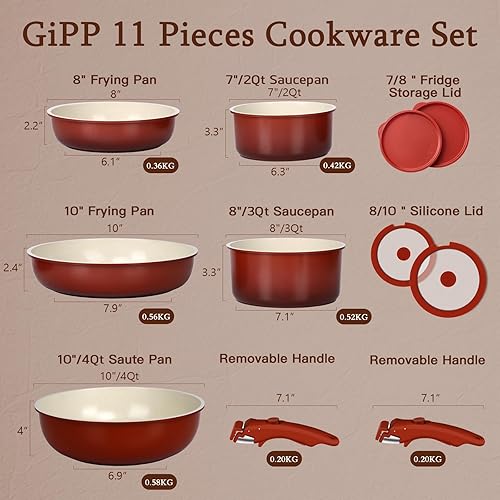 Miniatura 2 de GIPP Juego de 11 ollas y sartenes antiadherentes, juego de utensilios de cocina antiadherentes, mango desmontable, ollas de cerámica para cocinar