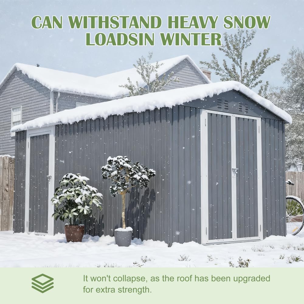 8x12 FT Outdoor Metal Storage Shed, Large Tool Shed with Aluminium Frame and 2 Lockable Doors, Additional Side Door, Grey Garden Patio Storage