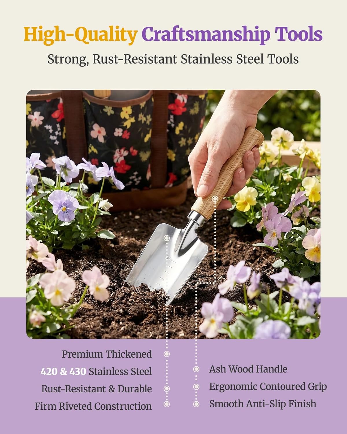 10-Piece Garden Tool Set with Reinforced Storage Bag, Heavy-Duty Stainless Steel Gardening Tools with Premium Ergonomic Ash Wood Handles, Professional Rust-Proof Garden Gift Set for Women Men