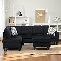 Vista 1 de Sofá seccional en forma de L con diván y otomana de almacenamiento, sofá modular convertible de 3 piezas para juegos de muebles de sala y Negro