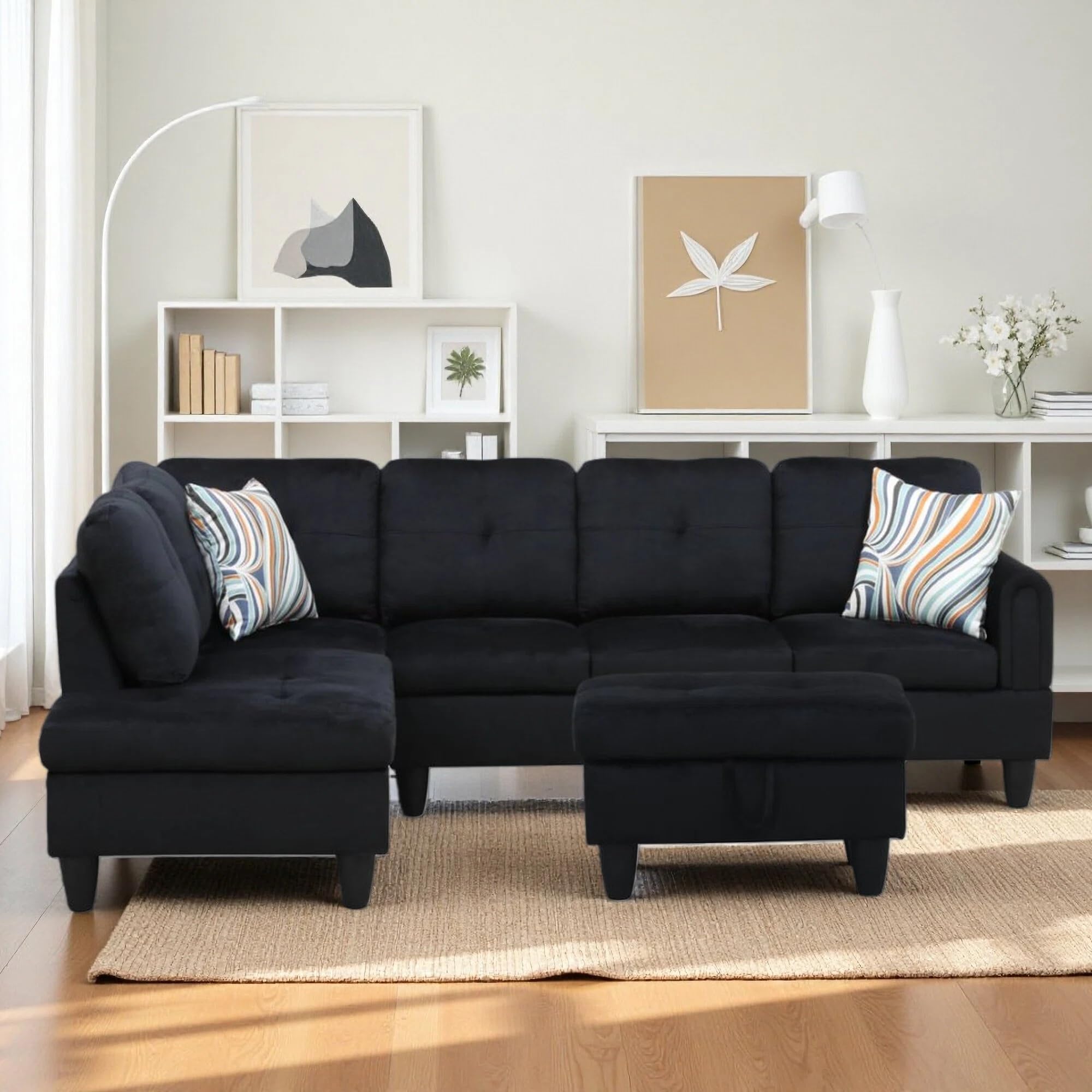 INCOMPLETE (Box 2/3) L Shaped Couch Sectional Couches with Chaise and Storage Ottoman, 3 Pieces Modular Convertible Sofa for Living Room Furniture Sets and Small Apartment, Black