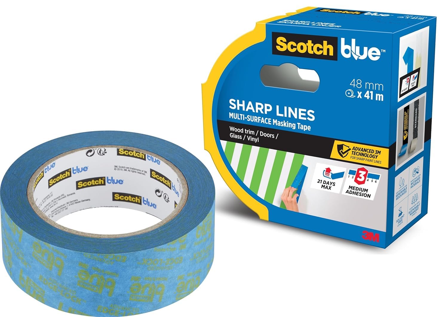 ScotchBlue Sharp Lines Advanced Masking Tape, 48 mm x 41 m - Scotch Adhesive Blue Painters Tape For Super-Sharp Paint Lines, Indoor & Outdoor, with 3M Advanced Technology, PEFC Controlled Sources