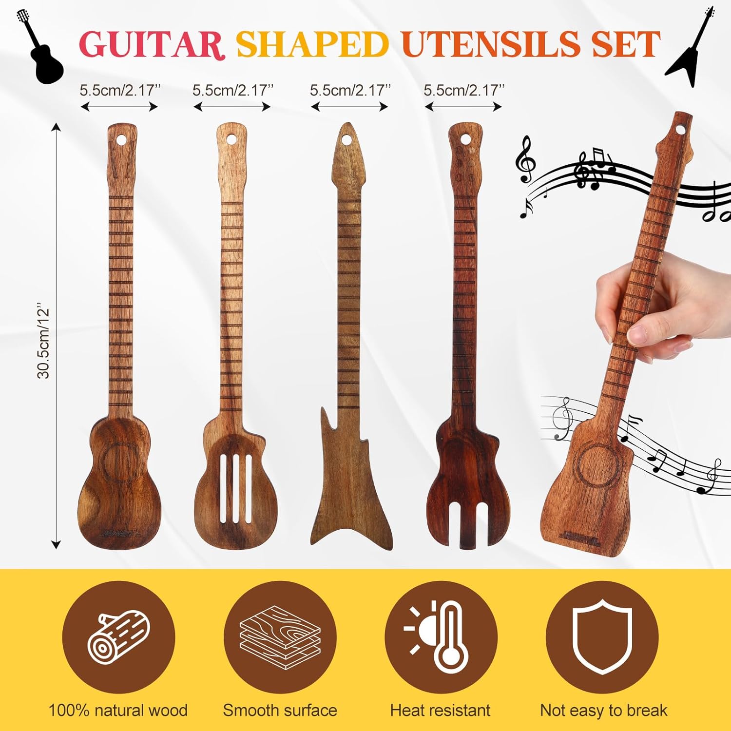 Potchen 5 Pcs Gifts for Guitar Players 12 Inches Guitar Shaped Utensils Set Natural Acacia Wooden Spatulas Spoon, Unique Musician Valentines Gifts for Music Lovers Kitchen Decoration
