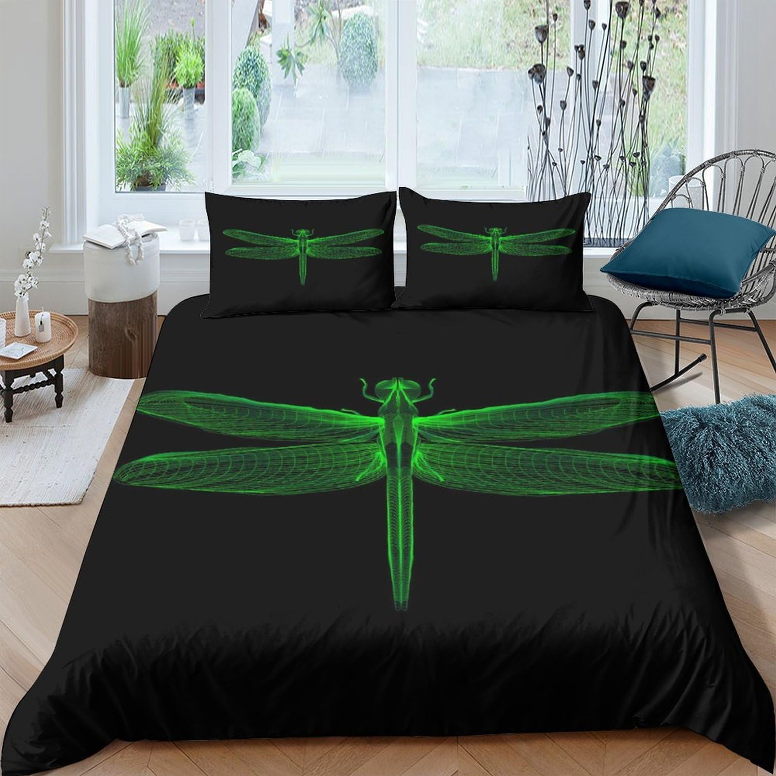 GPLZQXKJNH 3D Printed Green Dragonfly Duvet Cover Microfiber Bedding Set with 2 Pillowcases, Black Modern Bedroom Decor, Single（135x200cm）