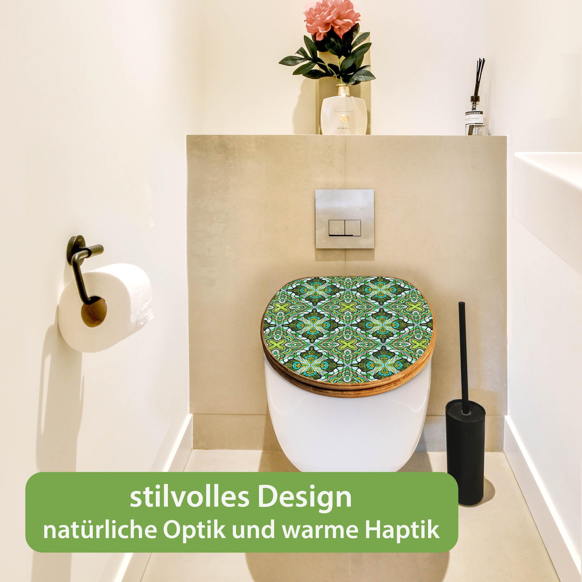 banjado Design WC Sitz Bambus Absenkautomatik 45,8x37,5cm - Toilettendeckel mit Absenkautomatik Holz - hochwertiger Bambus Klodeckel - WC-Sitz für gängigen Toiletten - Motiv Grünes Muster