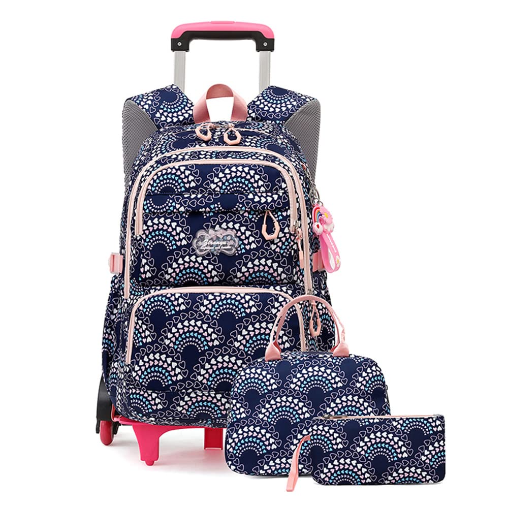 YJMKOI3PCS Heart Print Rolling Backpack for Girls Colorful Elementary Trolley School Bags Kids Book Bags Set with wheels