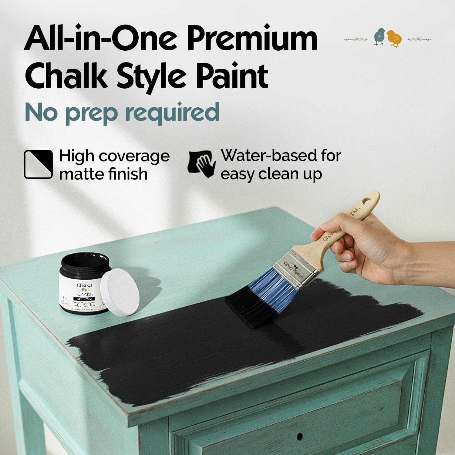 Chalky Chicks All-in-One Chalk Paint for Furniture or Cabinet - 8 Fl Oz - Matte Finish Starless Night Black for Metal, Wood Furniture Paint - No Sanding All-in-One for Home Decor & Crafts, USA Made
