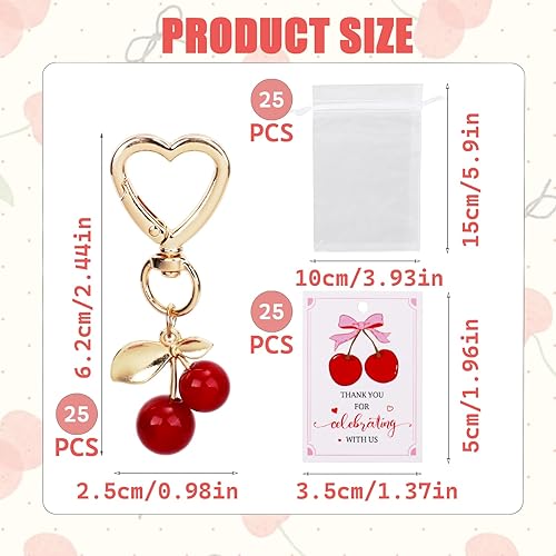 Miniatura 2 de Juego de 25 decoraciones de cereza en la parte superior para baby shower, llavero de cereza para bolso, regalos de frutas rojas con tarjeta para
