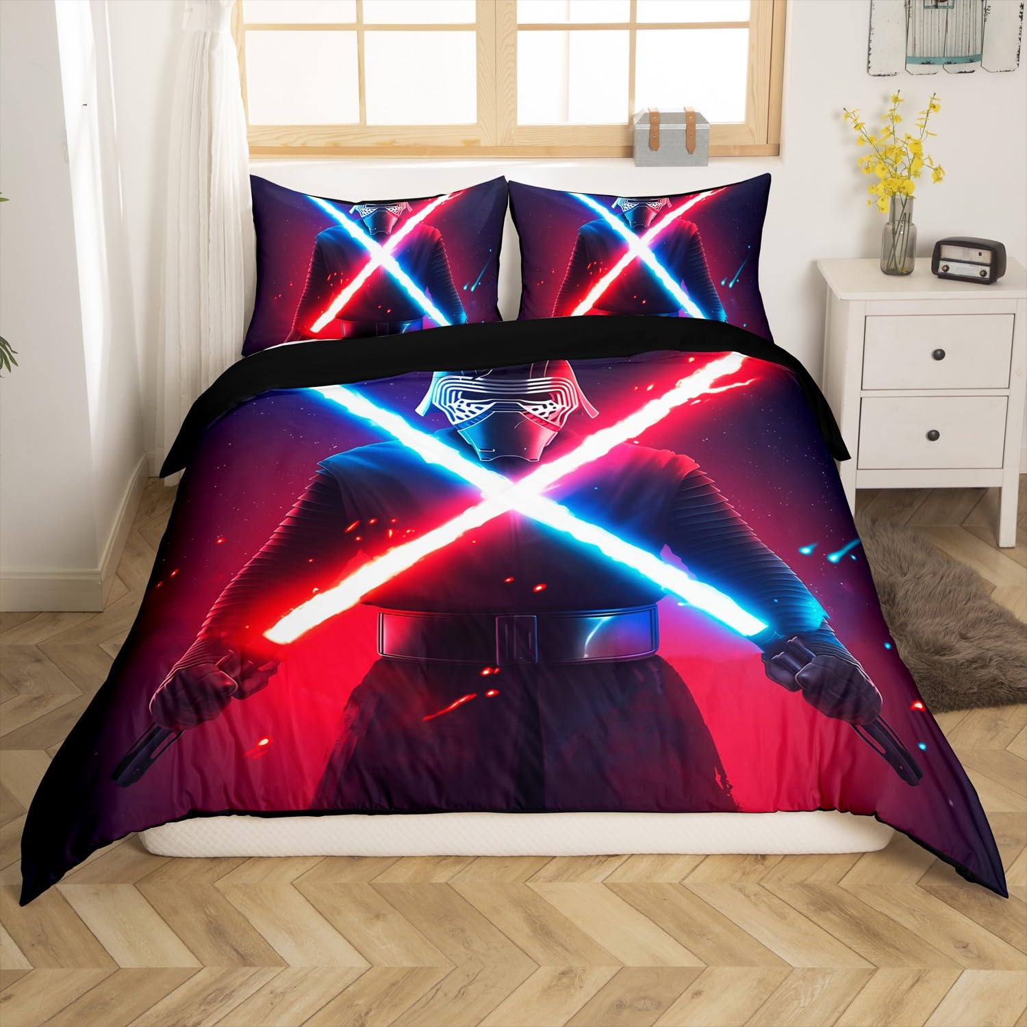 richhome Kids Lightsaber Duvet Cover Set 3D Galaxy Neon Blue Red Bedding Set Single Size for Boys Girls Bedroom Bed Decor Fighters Lightsaber Comforter Cover Neon Lightsaber Quilt Cover for All Season - Image 4