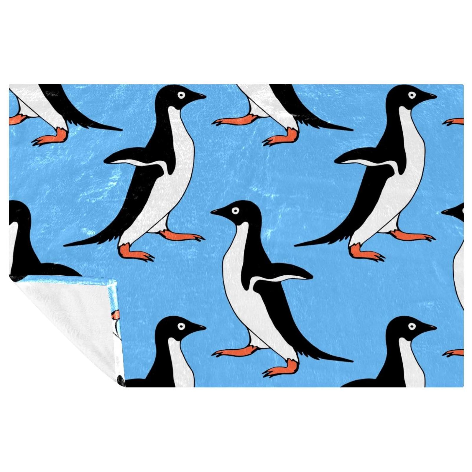 Plaid pingouins bleu 150x100 cm doux et chaud pour lit et canapé