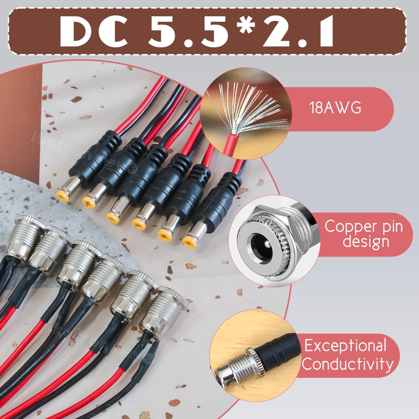 lkelyonewy 5.5 x 2.1 mm DC Power Jack Socket Threaded Female Panel Mount Connector Adapter with Dustproof Plug 6Pack