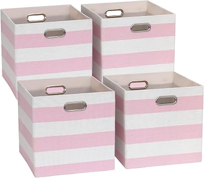 13x13x13 Storage Cube Bins, Foldable Storage Cubes Cubby Baskets Organizer Cloth Bins for Cube Storage Organizing Shelf Closet, Pack of 4, Pink/White Stripe